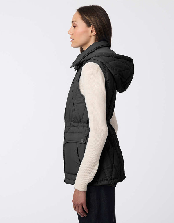 stylish and comfortable puffer vest in black with removable hood and adjustable waist for women