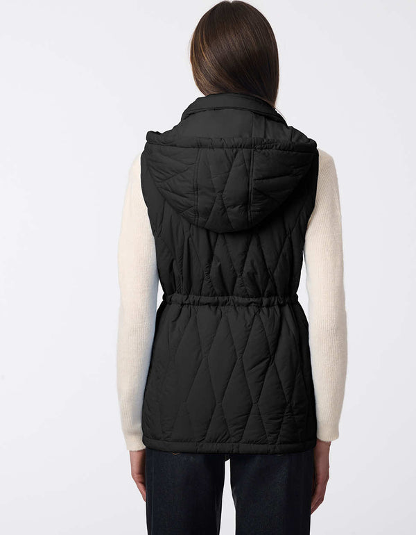 black puffer vest with quilted stitching for women with removable hood and adjustable waist