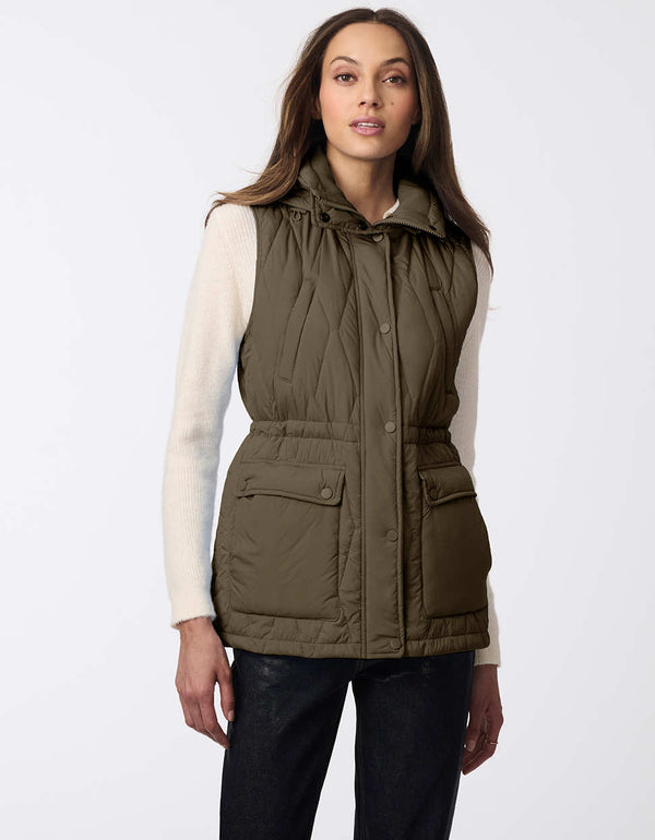 fashionable and stylish lightweight puffer vest with an adjustable waist and removable hood for women in olive green