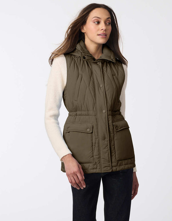 button up lightweight puffer vest for women in olive green with adjustable waist and large pockets for storage