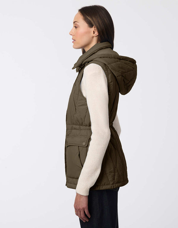 cozy and comfy lightweight puffer vest in army green with adjustable waist and removable hood for women