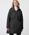 black quilted hip length puffer jacket with adjustable hood and multiple pockets for women