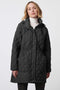 black quilted hip length puffer jacket with adjustable hood and multiple pockets for women