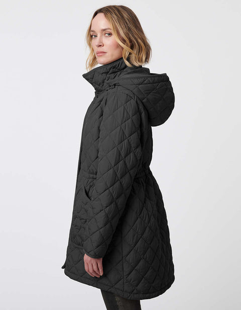 full zip black quilted hip length puffer jacket with a high neckline and adjustable hood for women