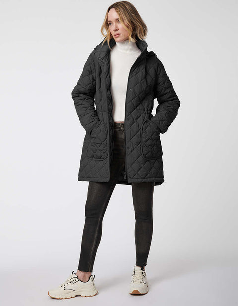 black hooded quilted puffer jacket with a full zip up enclosure and button up details for women