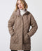 taupe cream quilted hip length puffer jacket with a zip up enclosure and button up zip cover for women