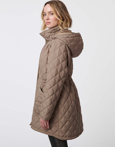 taupe colored puffer jacket with an adjustable hood and zip enclosure for women made from recycled fabrics
