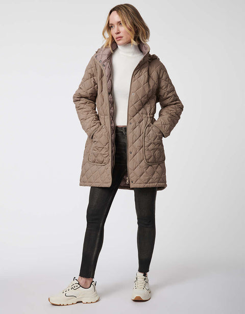 taupe hooded hip length puffer jacket with quilted detailing and two pockets made from recycled fabrics for women
