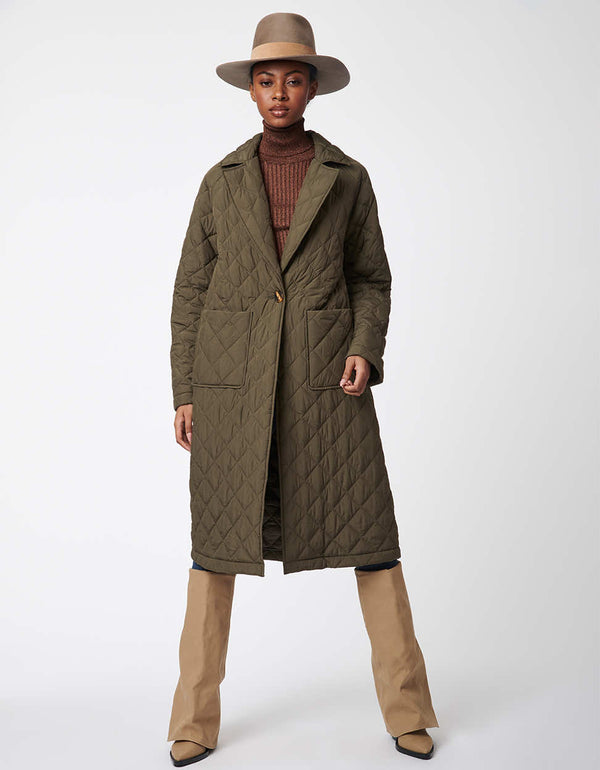 below the knee length single button puffer coat in olive green for women with wide spread collar