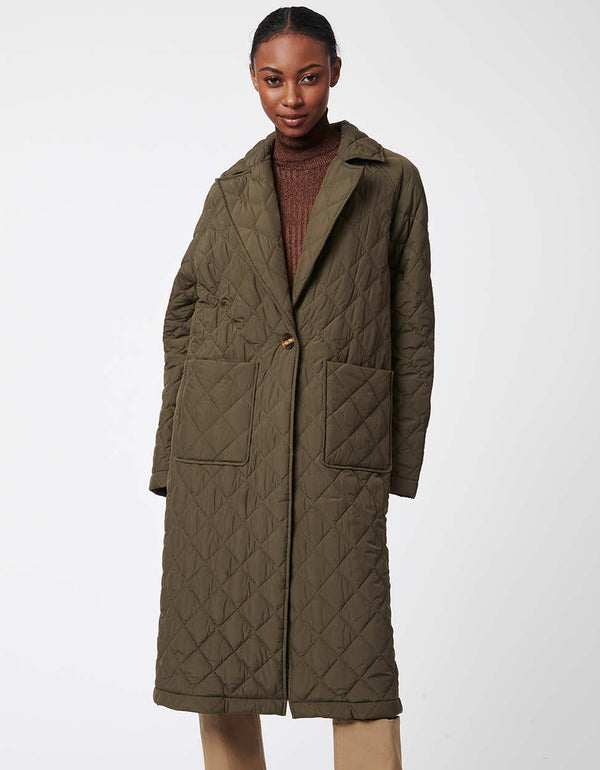 olive green puffer coat with diamond quilt pattern stitching made from recycled fabrics for women