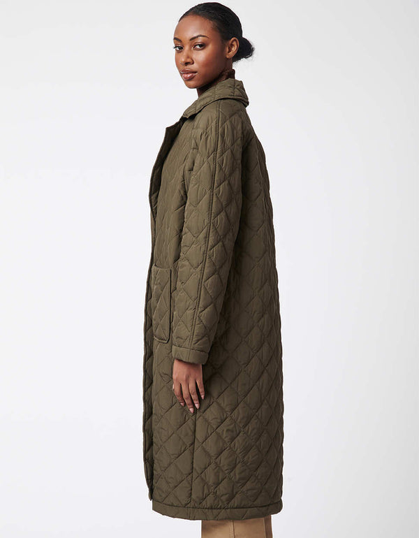 piped sleeve olive green diamond quilted puffer coat with a single button and two pockets for women