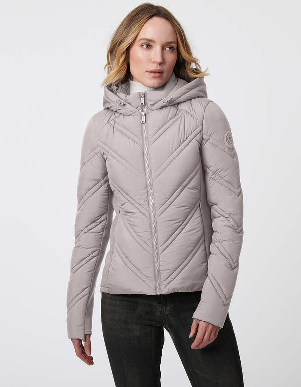 dual layered black slim fitting puffer jacket for women with thumbholes and zip up enclosure