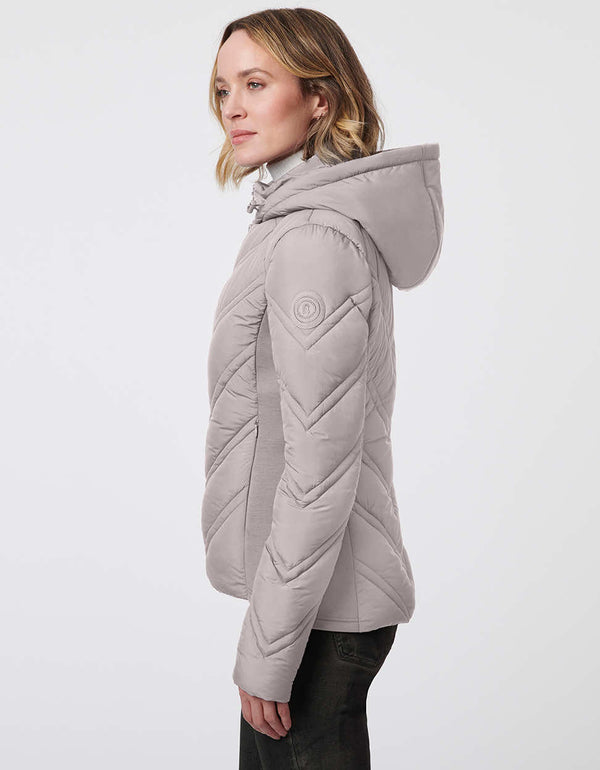 dual layered black slim fitting puffer jacket for women with thumbholes and zip up enclosure