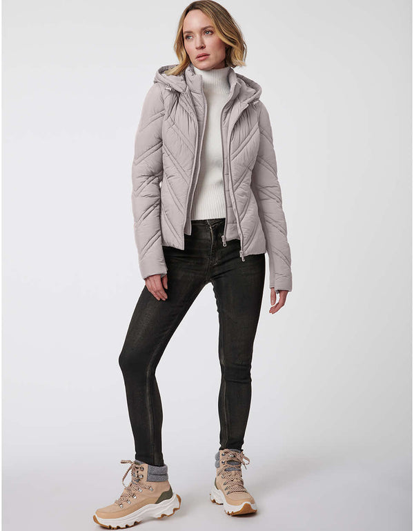 dual layered black slim fitting puffer jacket for women with thumbholes and zip up enclosure