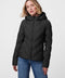 dual layered black slim fitting puffer jacket for women with thumbholes and zip up enclosure