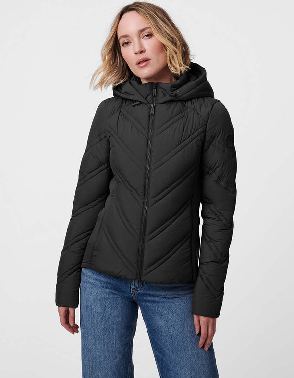 dual layered black slim fitting puffer jacket for women with thumbholes and zip up enclosure