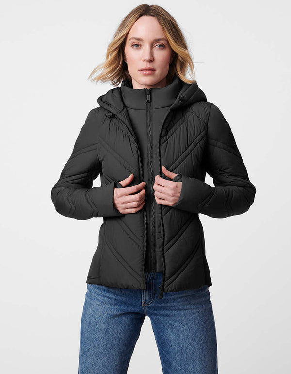 packable black hooded puffer jacket with chevron stitching patterns with a zip up enclosure