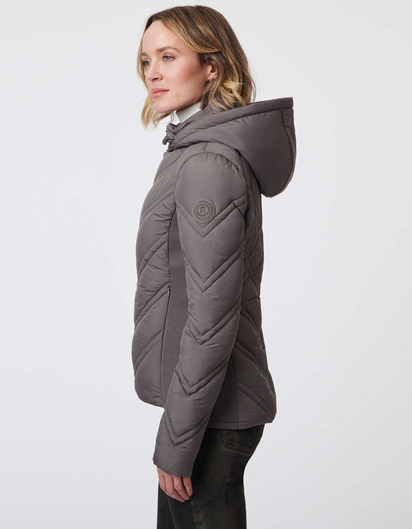 packable lightweight comfortable slim fitting hooded puffer jacket in grey for women on the go