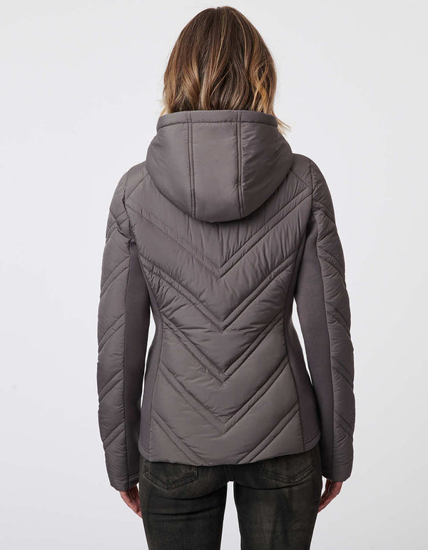 grey colored hooded puffer jacket with thumbhole features and dual layered insulation with chevron stitch detailing