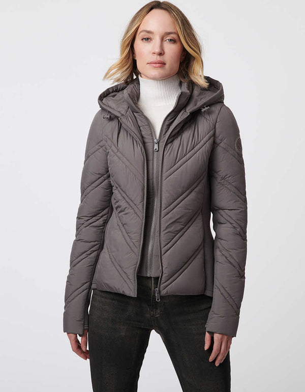 versatile lightweight dual layered zip up grey hooded puffer jacket with flexible neoprene sides for women