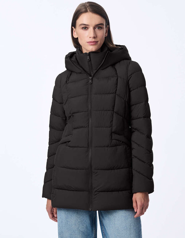 stylish insulated puffer coat for women in black made from sustainable materials and water resistant fabric