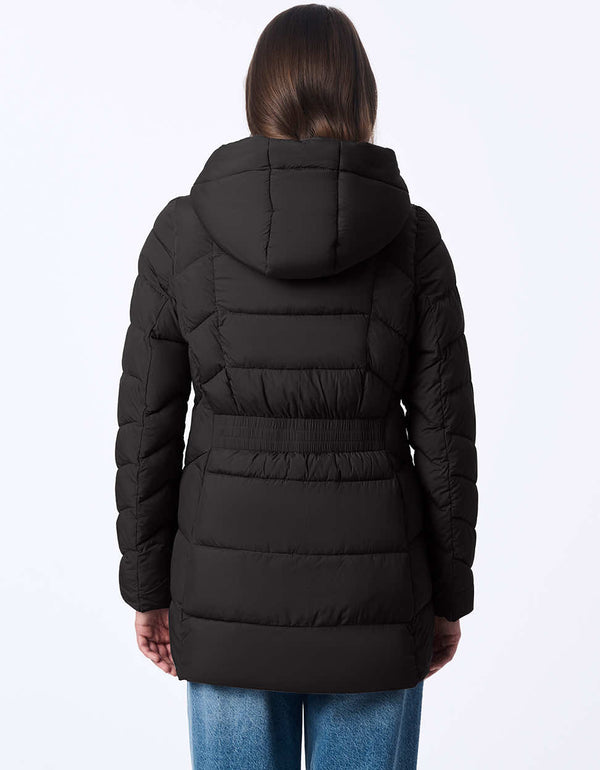 womens puffer coat with water-resistant fabric and removable bib. Features a cozy hood, modern stitching, and recycled insulation. Designed for extra warmth and sleek winter style.