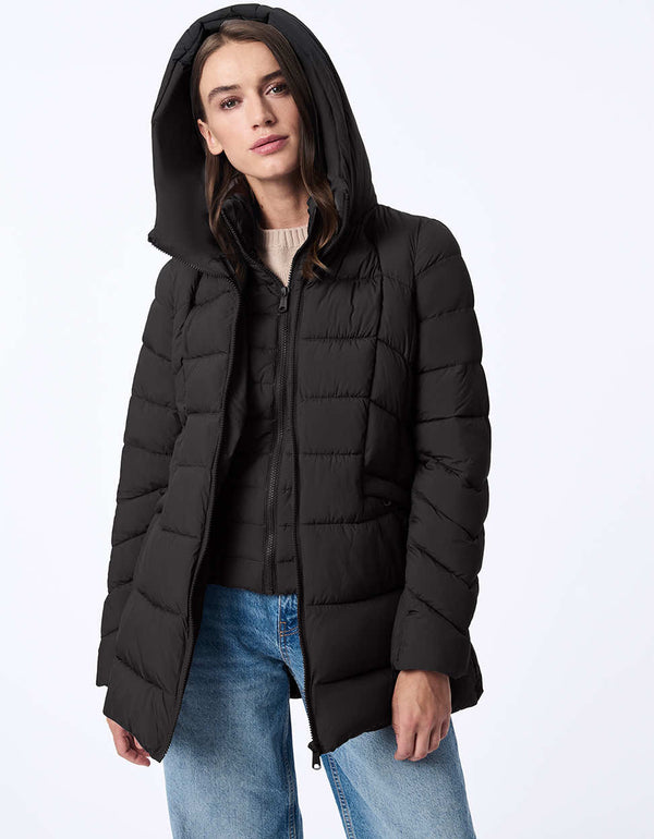 womens puffer coat with water-resistant fabric and removable bib. Features a cozy hood, modern stitching, and recycled insulation. Designed for extra warmth and sleek winter style.