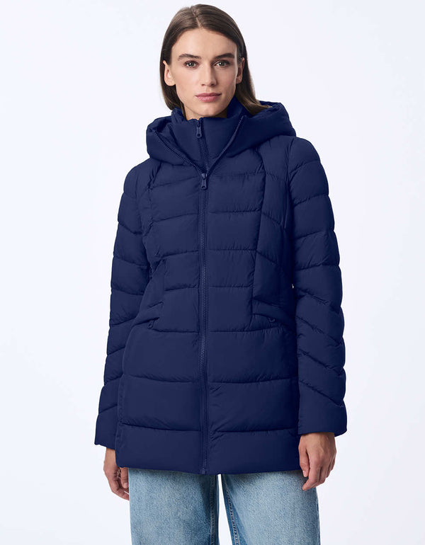 womens puffer coat with water-resistant fabric and removable bib. Features a cozy hood, modern stitching, and recycled insulation. Designed for extra warmth and sleek winter style.