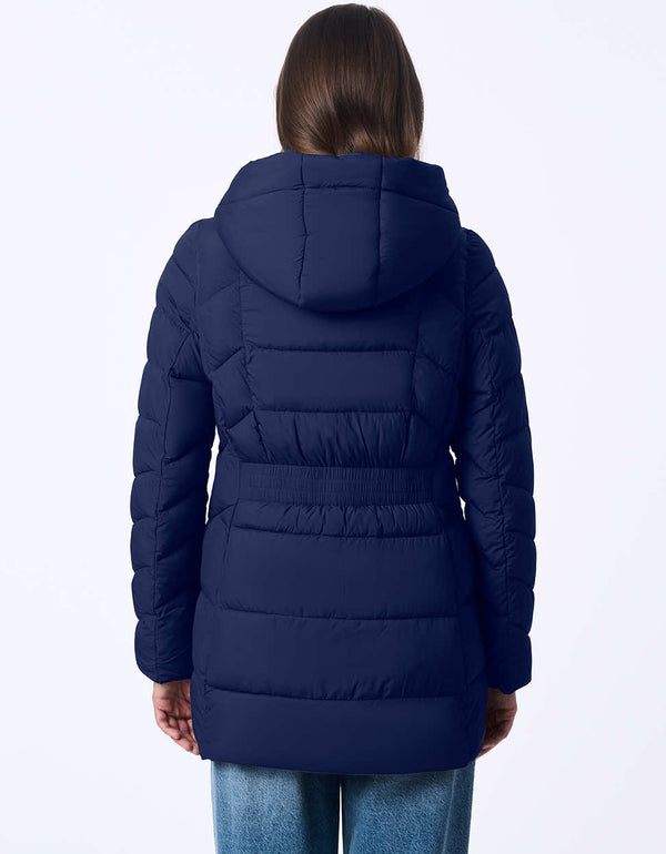 cozy puffer coat for women in blue with a cinched waist and removable bib with a classic fit