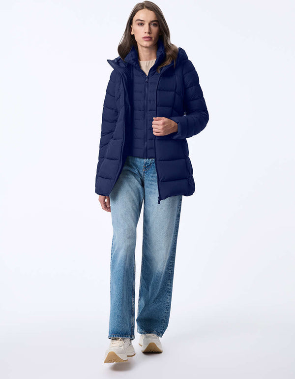 zip up puffer jacket with horizontal stitch pattern for women in blue with two pockets for storage