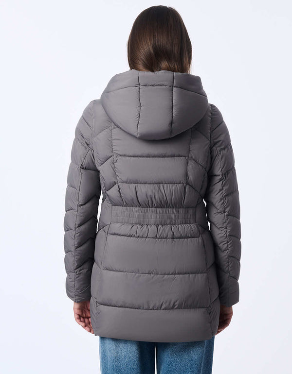 womens puffer coat with water-resistant fabric and removable bib. Features a cozy hood, modern stitching, and recycled insulation. Designed for extra warmth and sleek winter style.