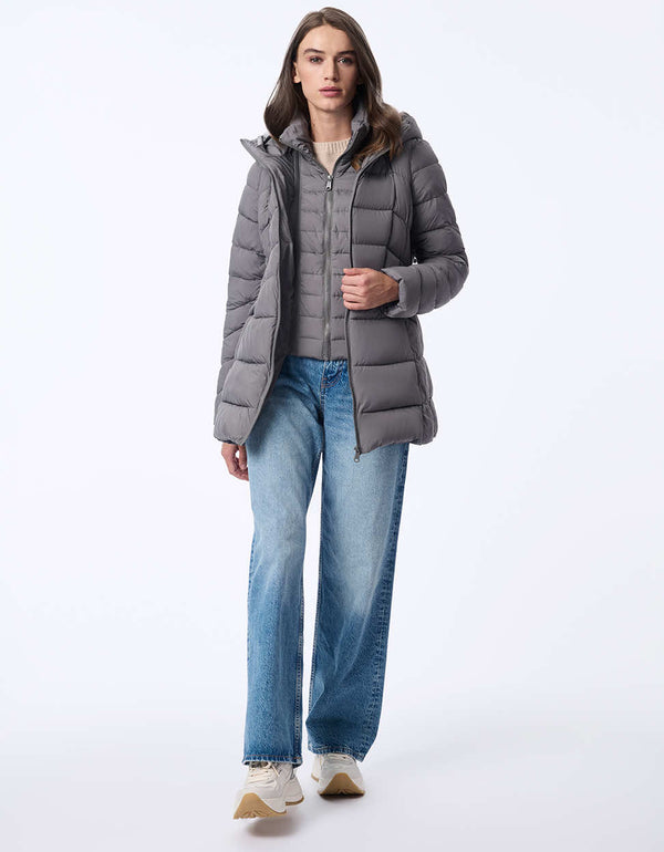 grey zip up puffer coat for women with removable bib made from weather resistant fabric and sustainable insulation