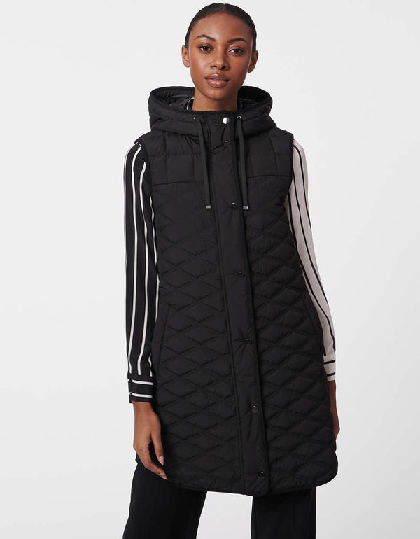 hip length sleeveless quilted puffer vest in black with adjustable hood and button up enclosure