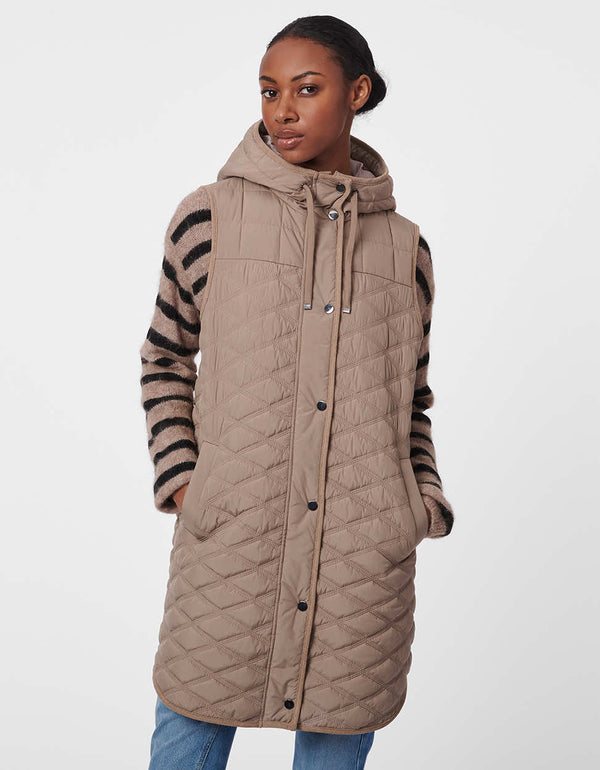 lightweight taupe sleeveless puffer vest with a full button up enclosure and adjustable hood for women