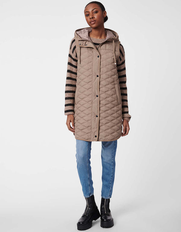 stylish and insulated mid length puffer vest in dusty taupe with diamond quilting and an adjustable hood for women