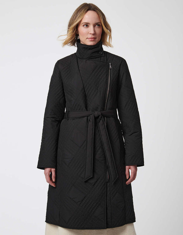 modern well insulated trench puffer coat with asymmetrical zippers made with recycled fabric for women