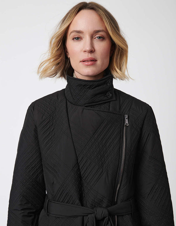 stylish puffer trench made from recycled materials with belt and unique stitching