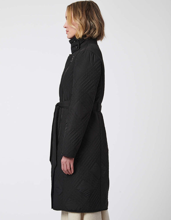 below the knee length puffer trench coat in black for women equipped with an adjustable belt and silver zippers