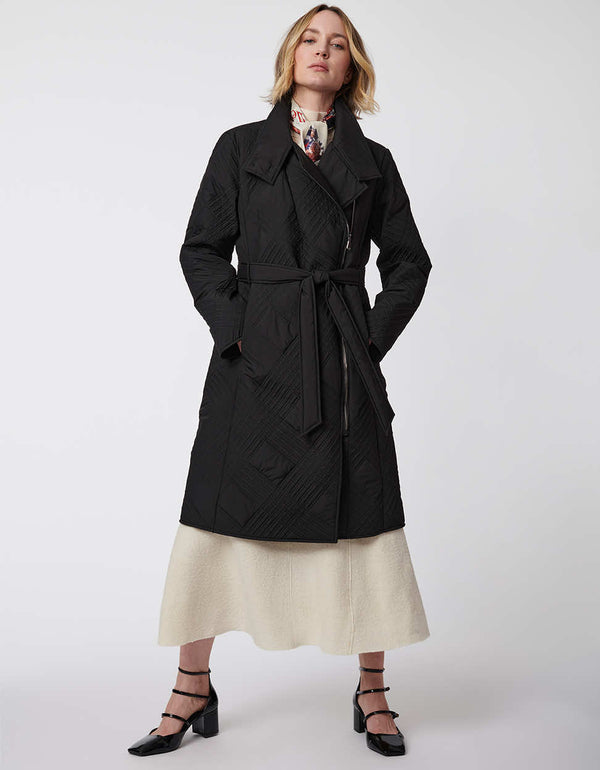 sleek womens black puffer trench with belt and detailed stitching for an urban look