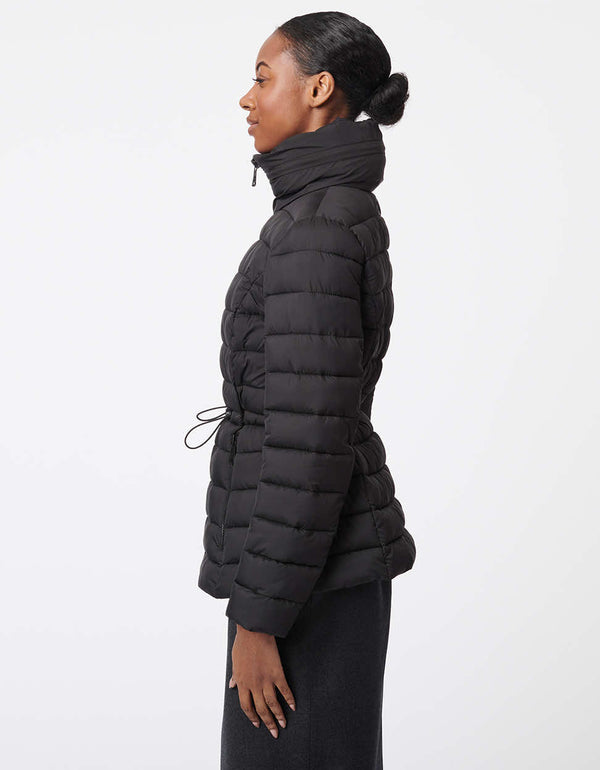 lightweight and insulated zip up puffer jacket with an adjustable waist and packable hood in black for women