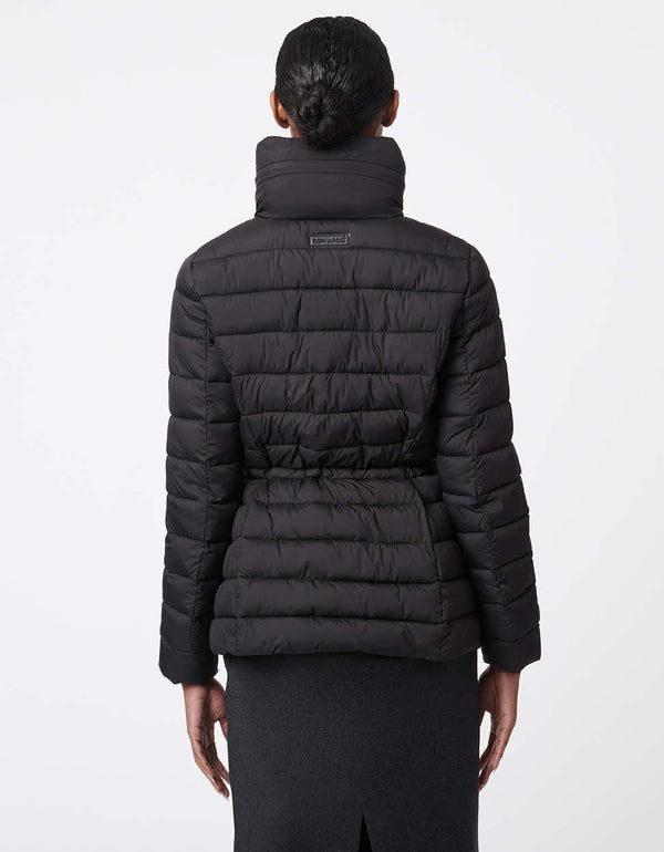 soft textured puffer jacket with an adjustable wait and fold away collar in black for women