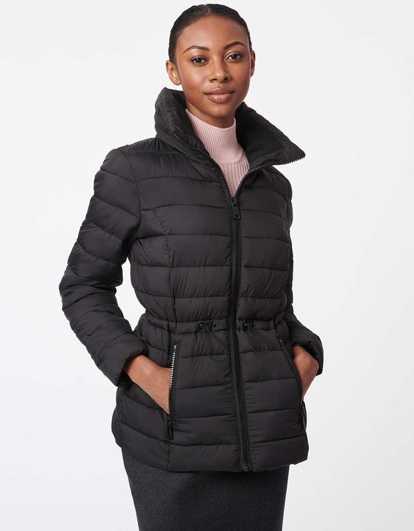 black modern puffer jacket with adjustable drawstring waist and zippered pockets for women