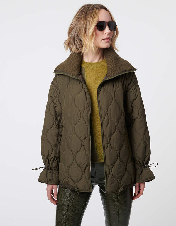 spread ribbed collar quilted jacket in olive green with adjustable cuffs and waist for women