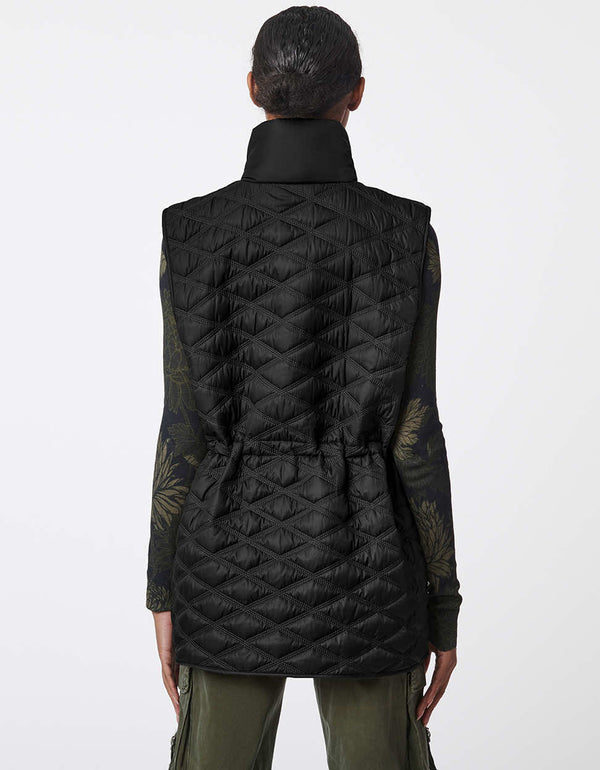 slim fit black quilted pattern utility vest with a full zip enclosure and button up cover for women