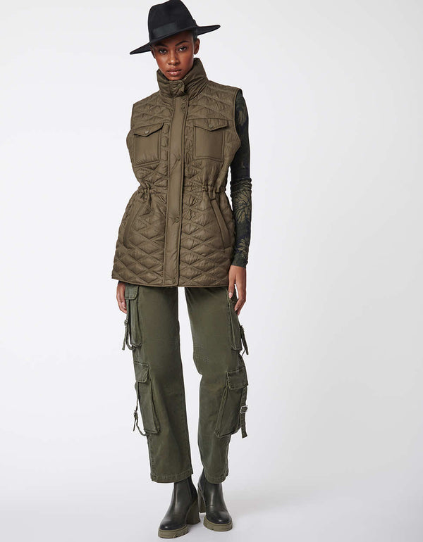 insulated militaristic puffer vest in olive green and adjustable cuffs and waist for women