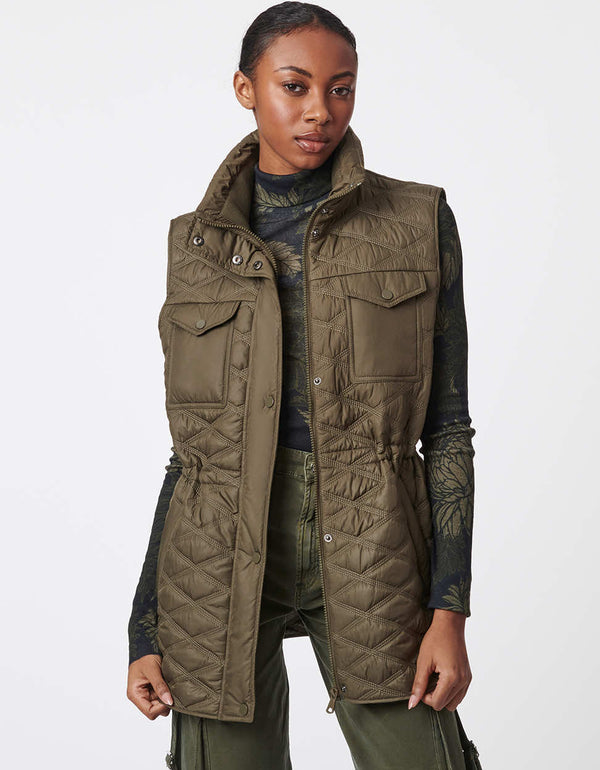 adjustable olive green colored utility puffer vest with full zip enclosure and button up cover