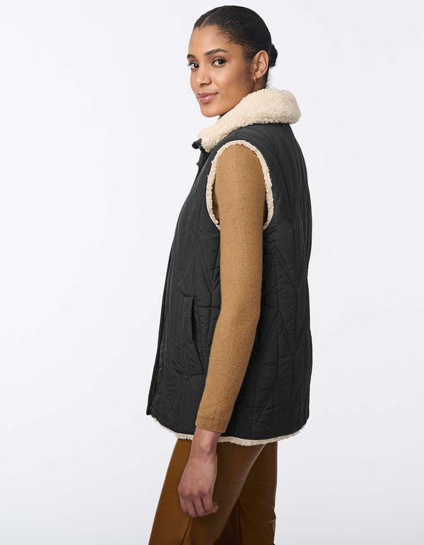 sherpa lined dual sided reversible vest with a black quilted and pocketed underside for women