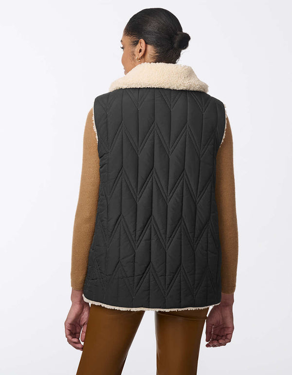 sherpa lined dual sided reversible vest with a black quilted and pocketed underside for women