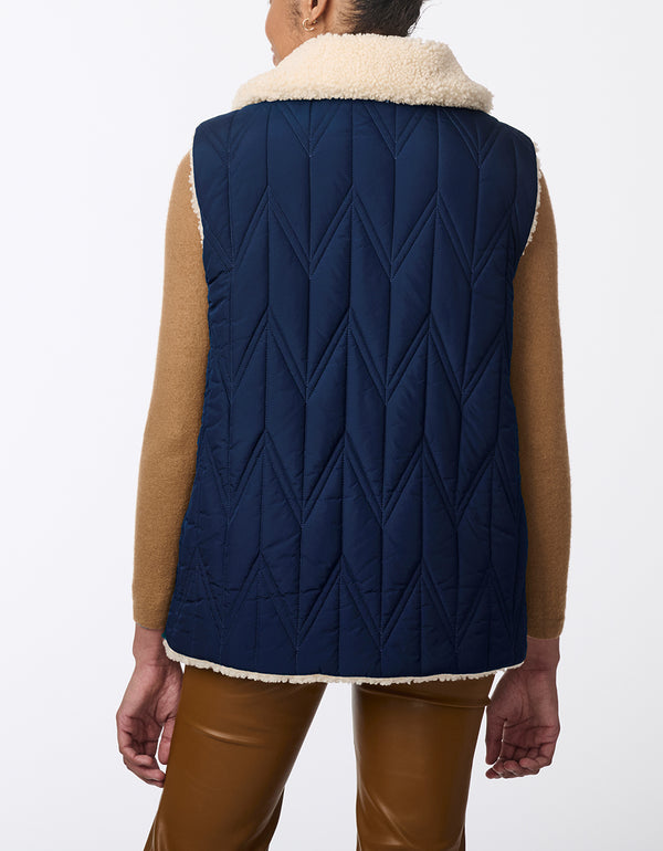 stylish and cozy reversible vest perfect as a versatile piece for women in navy blue made from recycled fabrics