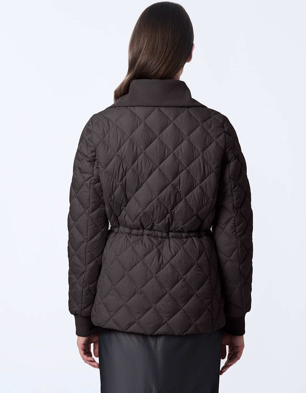 Women's quilted jacket with classic fit, hip-length design, and drawstring waist. Cinched wait for a chic silhouette